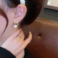 Elegant Golden Cross Pearl Zircon Earings Pearl Stud Earrings Women Personality