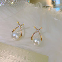 Elegant Golden Cross Pearl Zircon Earings Pearl Stud Earrings Women Personality