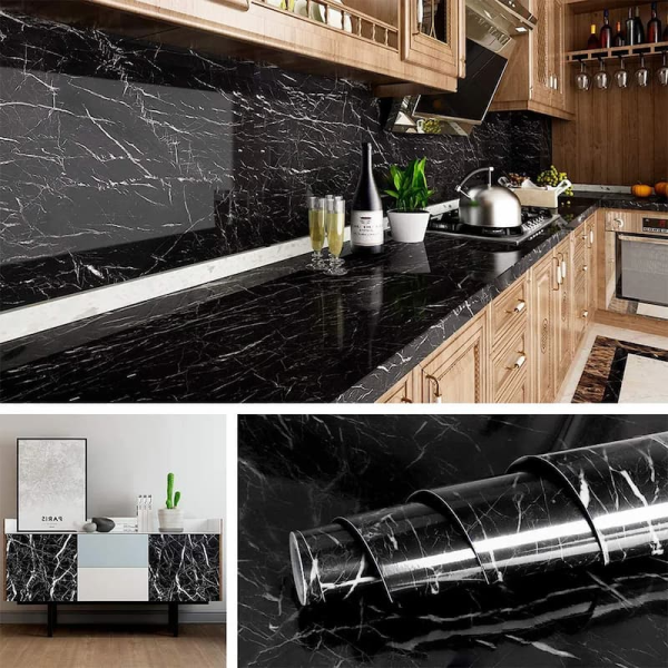 Self Adhesive Black Marble Sheet Sticker For Kitchen, Cupboard, Wall – Anti Oil And Heat Resistant