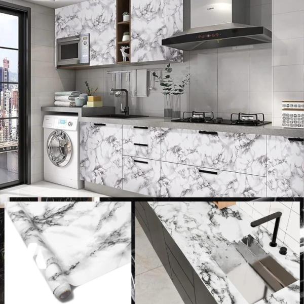 Self Adhesive White Marble Sheet Sticker For Kitchen, Cupboard, Wall – Anti Oil And Heat Resistant