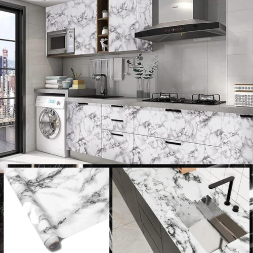 Self Adhesive White Marble Sheet Sticker For Kitchen, Cupboard, Wall – Anti Oil And Heat Resistant